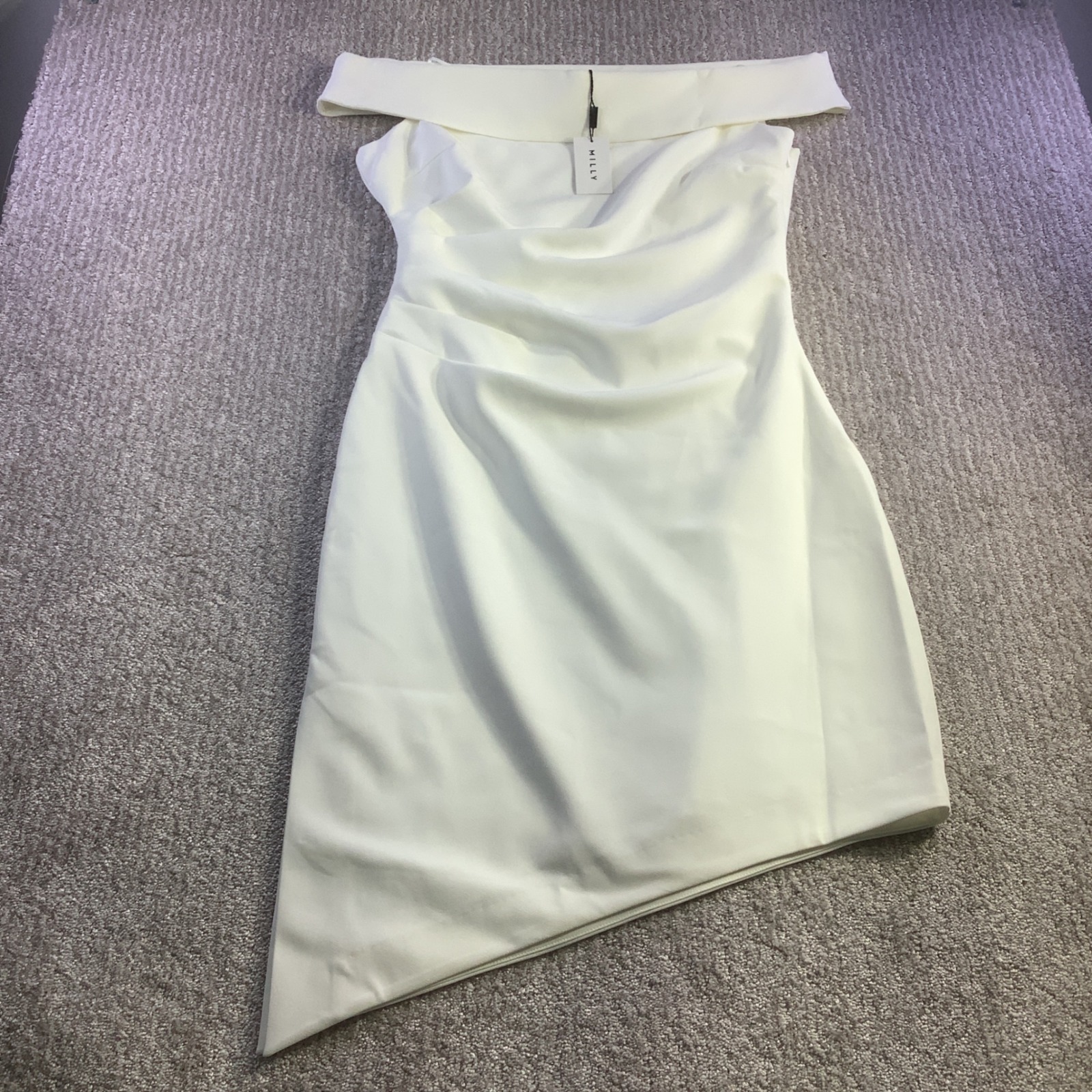 Milly Ally Cady Dress Ecru White Off Shoulder Ruched Sheath Size 8 Nwt